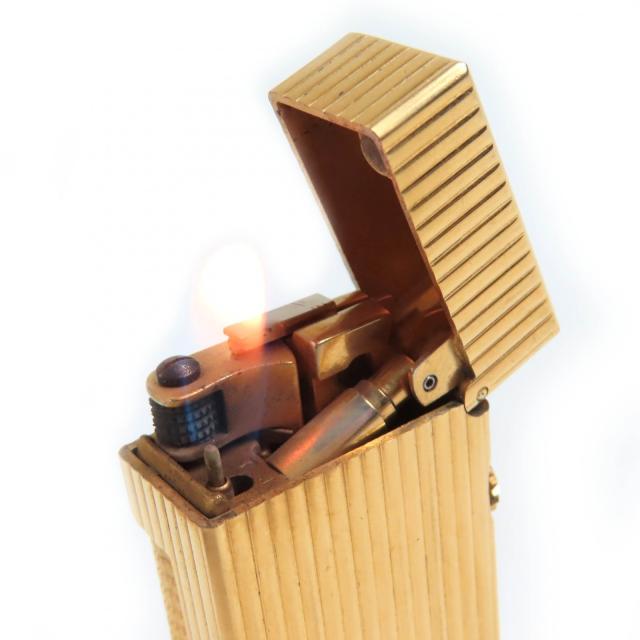 良品△Dunhill ダンヒル ロゴ刻印 ストライプ柄 スクエア ローラー式 ガスライター 喫煙グッズ ゴールド メンズ 着火確認済み_6