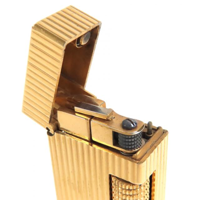 良品△Dunhill ダンヒル ロゴ刻印 ストライプ柄 スクエア ローラー式 ガスライター 喫煙グッズ ゴールド メンズ 着火確認済み_5
