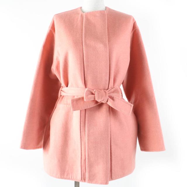 極美品☆HERMES エルメス 22AW 2H0122DB カシミヤ100％ ベルト付 ダブルフェイスコート ノーカラー コート コーラルオレンジ 36 正規品