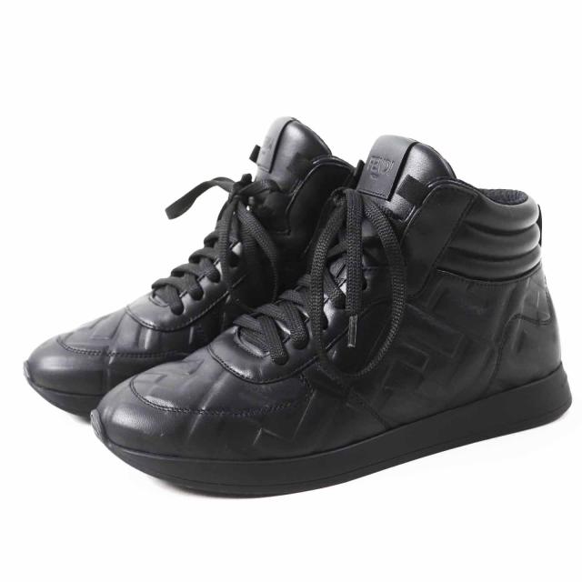 美品◎FENDI フェンディ 8E7045 ズッカ柄 FFロゴエンボス レースアップ レザー ハイカットスニーカー ブラック 35 イタリア製 レディース