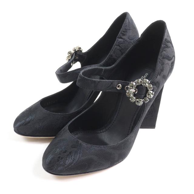 極美品★DOLCE&GABBANA ドルチェ＆ガッバーナ クリスタルバックル フラワー刺繍 パンプス ブラック 35.5 箱・保存袋付き 伊製 レディース