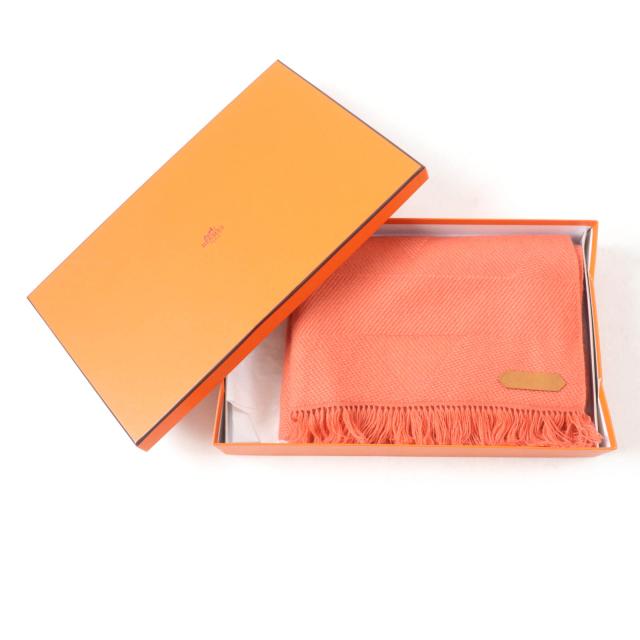 未使用品★HERMES エルメス グランド シェブロン カシミヤ100％ Rose Blush レザーロゴパッチ・フリンジ付 ストール マフラー 箱付き_1