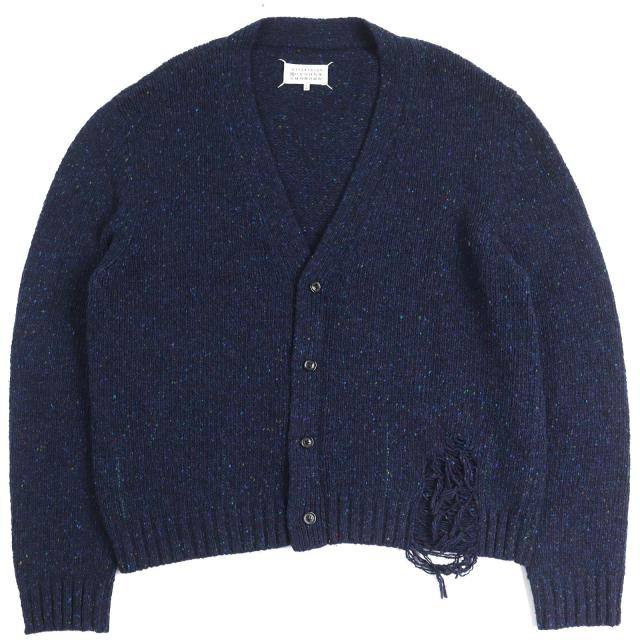 極美品△Maison Margiela 10 メゾンマルジェラ10 20AW S50GP0173 デストロイヘムカーディガン Vネック 長袖 ウール ネイビー XL 正規品