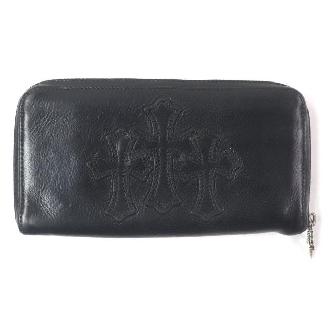 良品□CHROME HEARTS クロムハーツ REC F ZIP 3セメタリークロスパッチ ダガージップ ラウンドファスナー レザー 長財布 ブラック メンズ