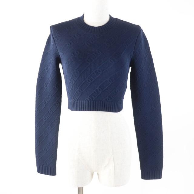 未使用品★FENDI フェンディ 2022年製 FZX831 FFロゴ クルーネック クロップド丈 長袖 ニット ネイビー 40 イタリア製 正規品 レディース