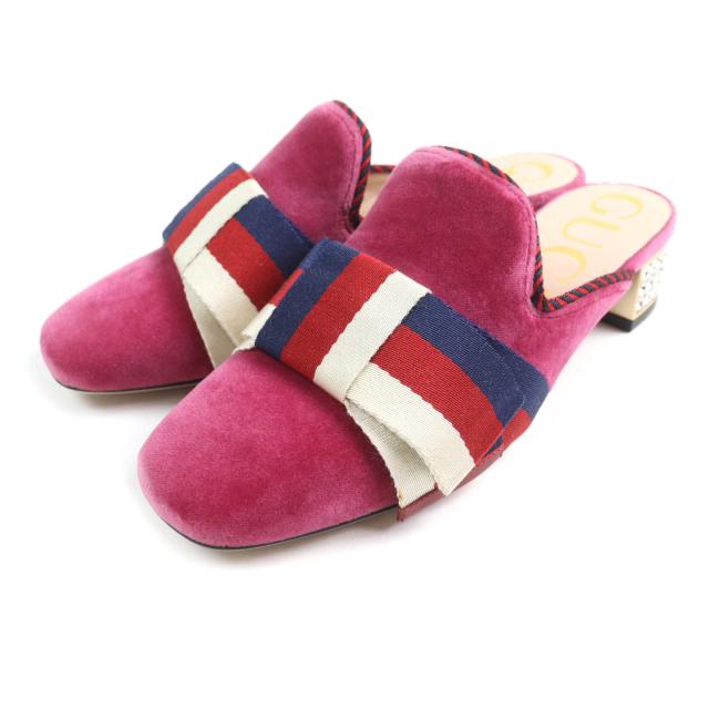 未使用品★GUCCI グッチ 496562 ウェブリボン ビジュー付 スクエアトゥ ベロア ミュール サンダル ピンク 35 箱・保存袋付き 伊製 正規品