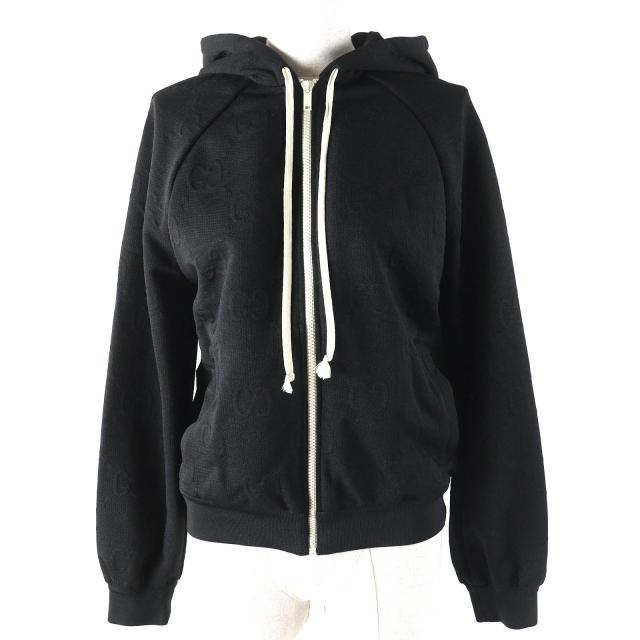 極美品△GUCCI グッチ 661783 GGエンボス GGロゴジャージージャカード ジップアップ フーディー オーバーサイズ パーカー 黒 XS 正規品