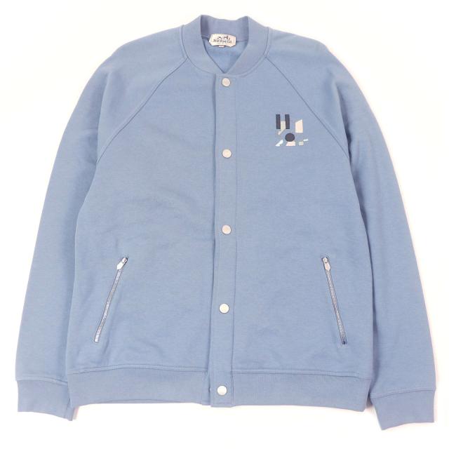 極美品□HERMES エルメス 24SS Jeu dAdresse ラムレザーパッチ セリエボタン スタジャン ブルゾン ジャケット ブルー XL 伊製 メンズ