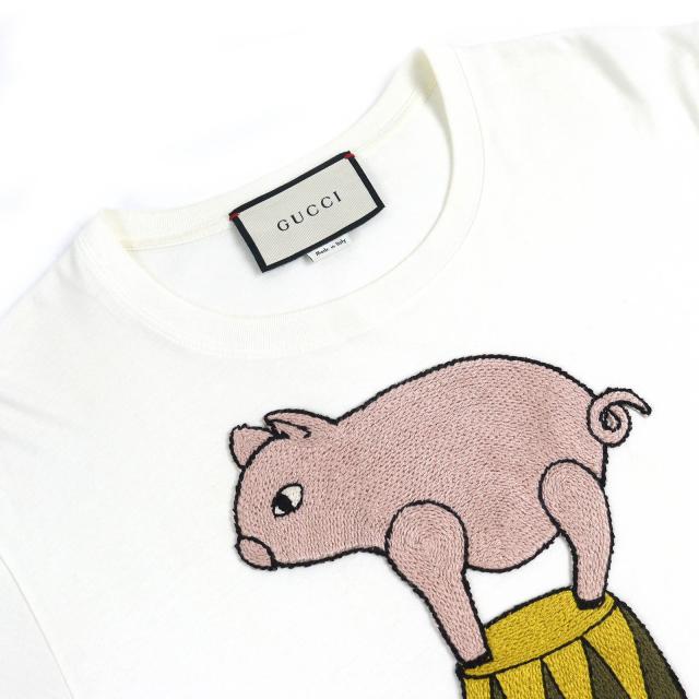 美品△GUCCI グッチ 615044 コットン100％ EQUILIBRIUM ピッグ刺繍 クルーネック 半袖Ｔシャツ オフホワイト マルチカラー XXS 正規品_3