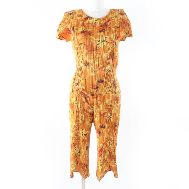 極美品☆PLEATS PLEASE プリーツプリーズ イッセイミヤケ フラワー総柄 半袖カットソー ハーフパンツ セットアップ オレンジ系 3 正規品