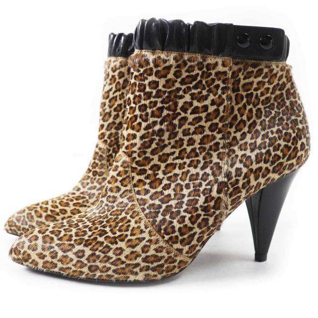 極美品◎CELINE セリーヌ レオパード柄 ポインテッドトゥ ハラコ レザー ショートブーツ ブラウン系 ブラック 38 保存袋付き イタリア製