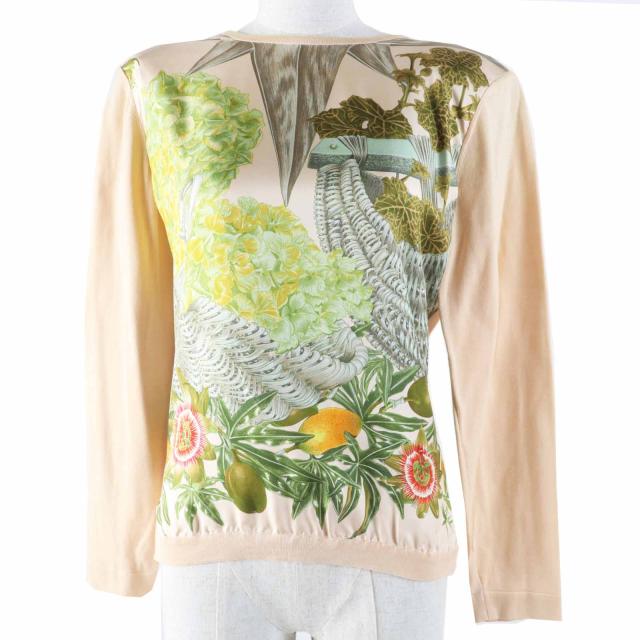 美品◎HERMES エルメス PASSIFLORES パッションフラワー シルク コットン ツイルレーヌ  ニット カットソー マルチ 38 フランス製 正規品