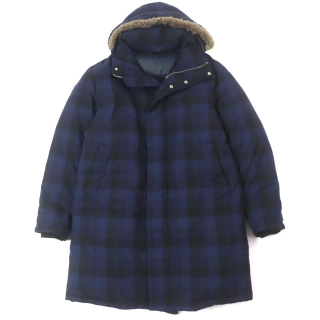 美品▼ポールスミスロンドン ウール100% チェック柄 フード・エコファー付き ダブルジップアップ ダウンジャケット 紺 L 正規品 メンズ