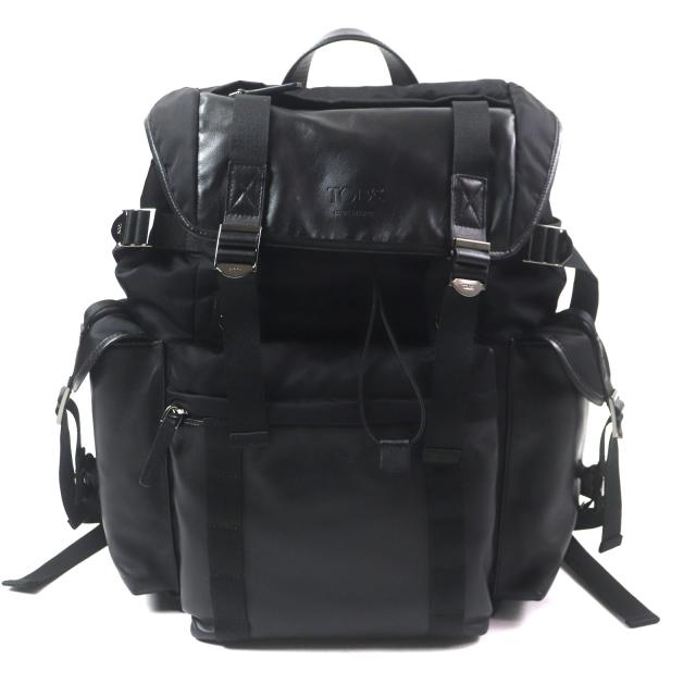 極美品▼トッズ XBMTRKG0300SPFB999 ファブリック＆レザー バックパック ミディアム ロゴ刻印入り ブラック 袋付き メンズ 定価262900円