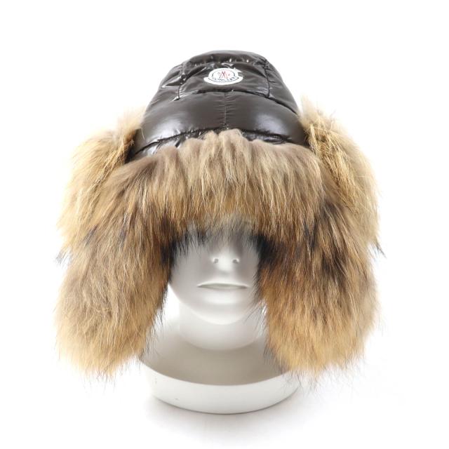 極美品★MONCLER モンクレール ロゴワッペン付 ラクーンファー使い ダウン フライトキャップ 帽子 ブラウン S イタリア製 レディース