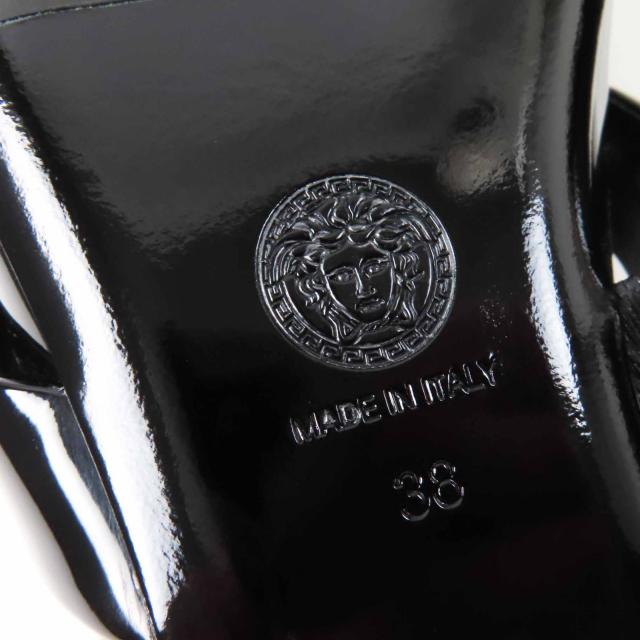 未使用品◎VERSACE ヴェルサーチ 24-25AW ジャンボ リボン バレリーナ オープントゥ パテントレザー パンプス ブラック 38