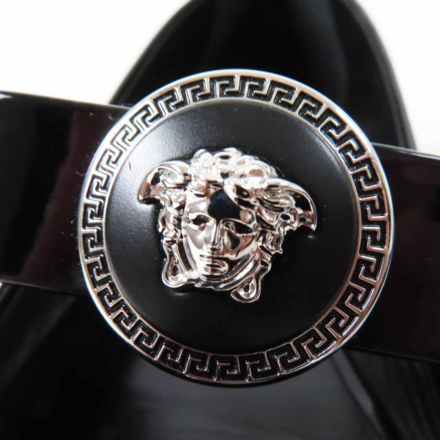 未使用品◎VERSACE ヴェルサーチ 24-25AW ジャンボ リボン バレリーナ オープントゥ パテントレザー パンプス ブラック 38