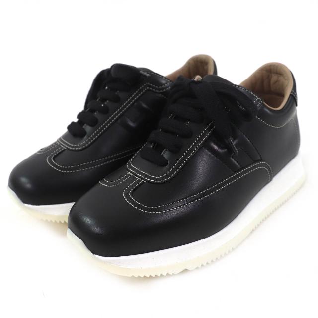 美品△HERMES エルメス 192214Z クイック Hロゴ ステッチ レザー スニーカー ブラック 35 イタリア製 レディース