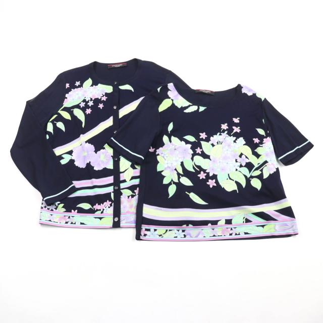 極美品★LEONARD FASHION レオナール ファッション ロゴボタン付 花柄 カーディガン＋半袖カットソー 2点set アンサンブル ネイビー 42