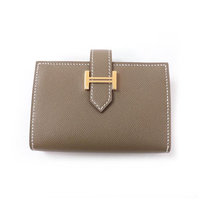 未使用品★HERMES エルメス ベアン ミニ エトゥープ ゴールド金具 ミニウォレット ケース付 ヴォーマダム カードケース W刻印 箱付