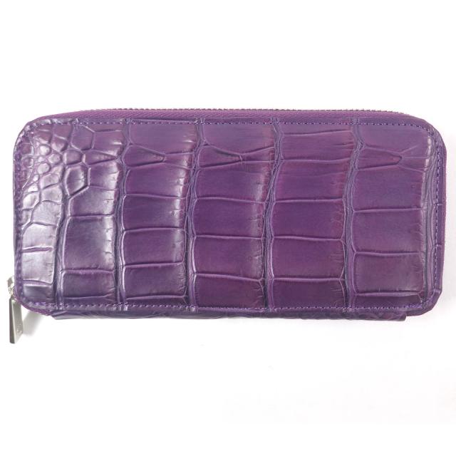 未使用品□CROIX  クロワ ロワイヤル ラウンドファスナー クロコダイル レザーロングウォレット 長財布 パープル 箱付き メンズ