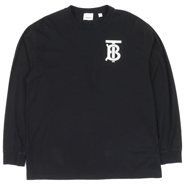 良品△BURBERRY バーバリー 8024342 コットン100％ TBロゴプリント クルーネック ロングスリーブTシャツ 長袖Ｔシャツ ブラック S 正規品