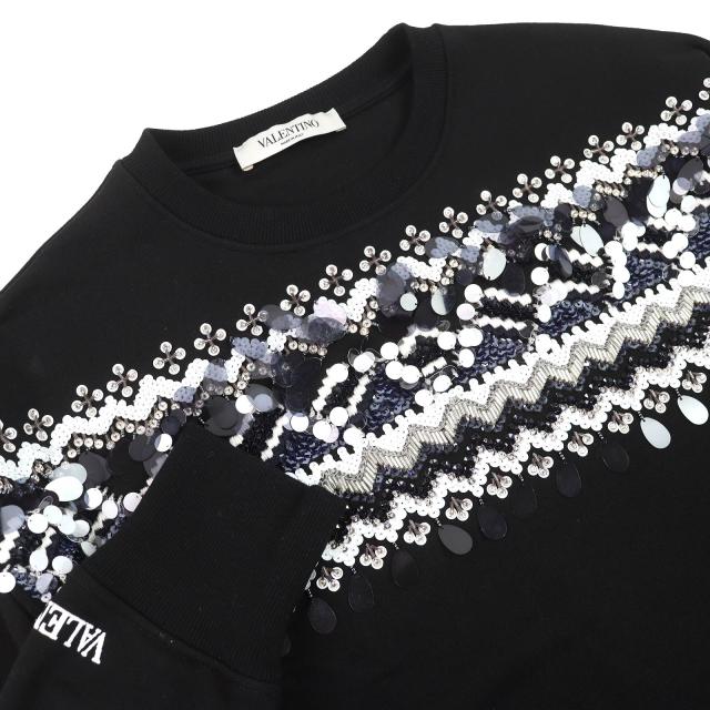 極美品△VALENTINO ヴァレンティノ コットン100％ ロゴ刺繍 ビーズ装飾 クルーネック 長袖 トレーナー スウェット ブラック XS 正規品_2