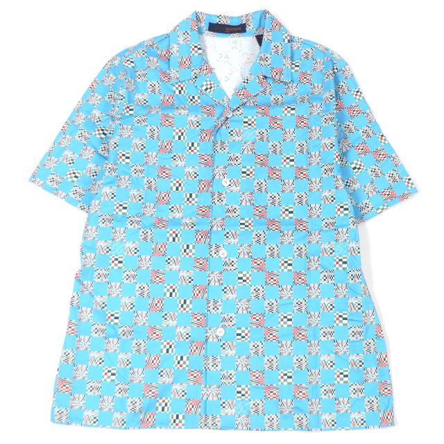 未使用品□LOUIS VUITTON ルイヴィトン 21SS ディストーテッドダミエ 総柄 オープンカラー 半袖シャツ ブルー M フランス製 正規品