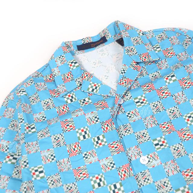 未使用品□LOUIS VUITTON ルイヴィトン 21SS ディストーテッドダミエ 総柄 オープンカラー 半袖シャツ ブルー M フランス製 正規品_1