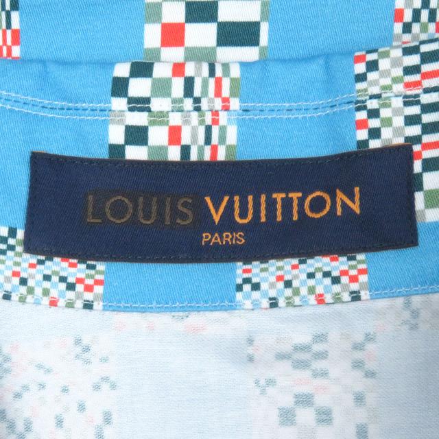 未使用品□LOUIS VUITTON ルイヴィトン 21SS ディストーテッドダミエ 総柄 オープンカラー 半袖シャツ ブルー M フランス製 正規品_4