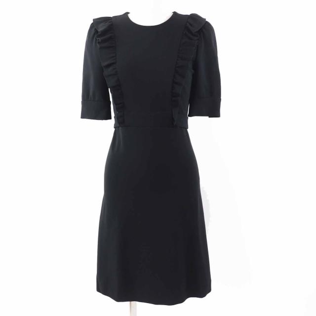 美品◎GUCCI グッチ 445275 GGパールボタン付き フリルデザイン リボン 半袖 ワンピース ブラック XS イタリア製 正規品 レディース