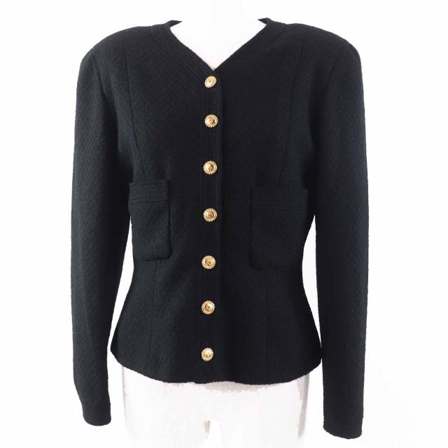 美品◎CHANEL シャネル ヴィンテージ ウール 裏シルク ココマーク金ボタン ノーカラー 単色 ツイードジャケット ブラック ゴールド 40