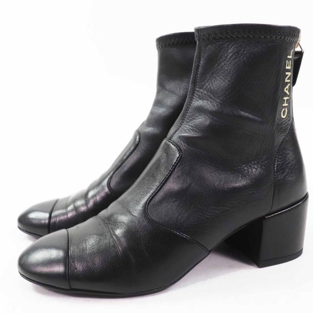 美品◎CHANEL シャネル G39160 ココマークZIPTOP ロゴ刺繍入り レザー ショートブーツ ブラック ゴールド 35.5 イタリア製 レディース