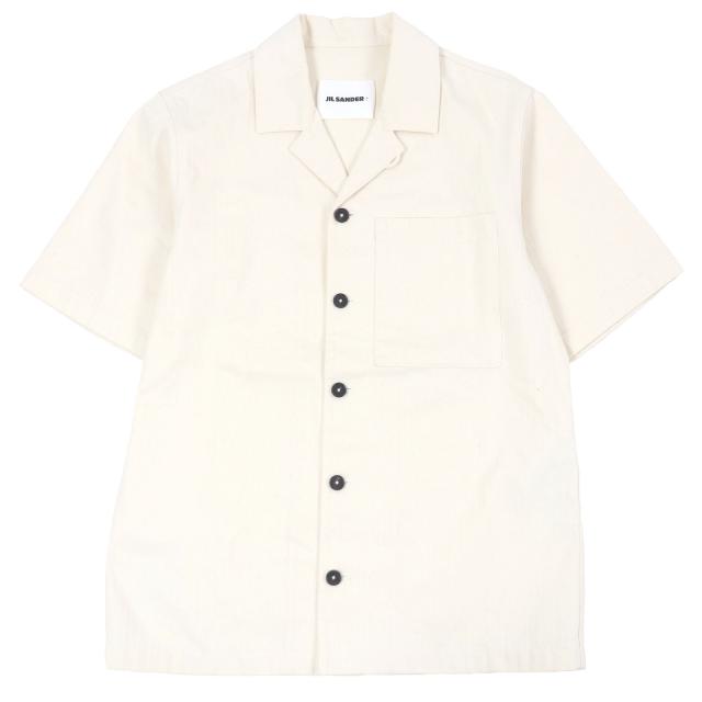 極美品□JIL SANDER+ ジルサンダープラス 20SS JPUS600305 ヘリンボーン オープンカラー 半袖シャツ アイボリー 44 イタリア製 正規品