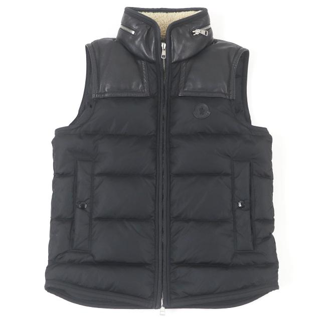 美品□MONCLER モンクレール MILLAIS GILET ラムレザー ムートン使い ロゴワッペン付き ダウンベスト ジレ ブラック 0 正規品 メンズ