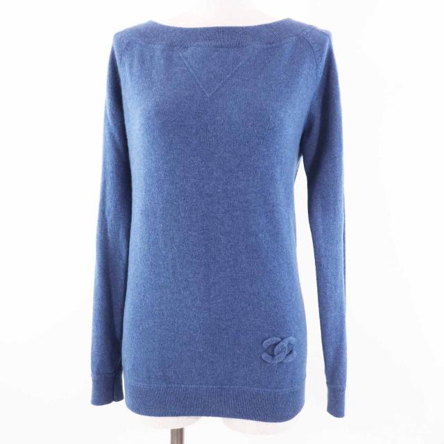 美品◎CHANEL シャネル P48050 カシミヤ100％ 裾ココマークモチーフ付き 長袖 ニット プルオーバー ブルー 34 UK製 正規品 レディース