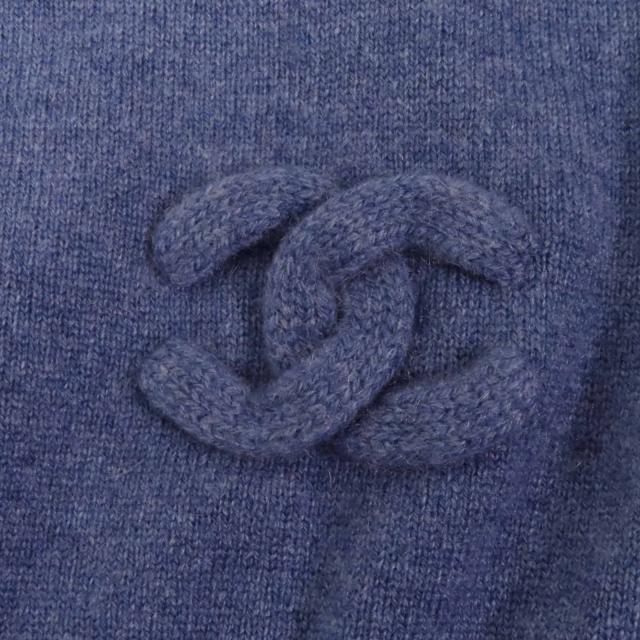 美品◎CHANEL シャネル P48050 カシミヤ100％ 裾ココマークモチーフ付き 長袖 ニット プルオーバー ブルー 34 UK製 正規品 レディース