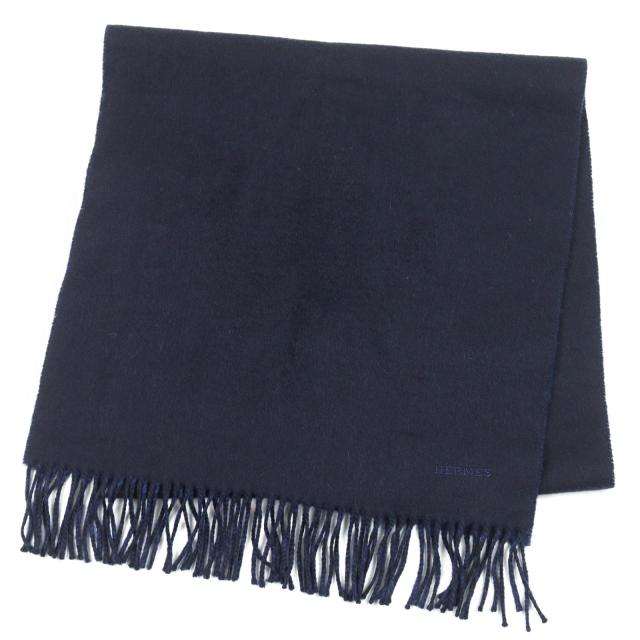 HERMES エルメス カシミヤ フリンジ ロゴ マフラー ストール ブラック