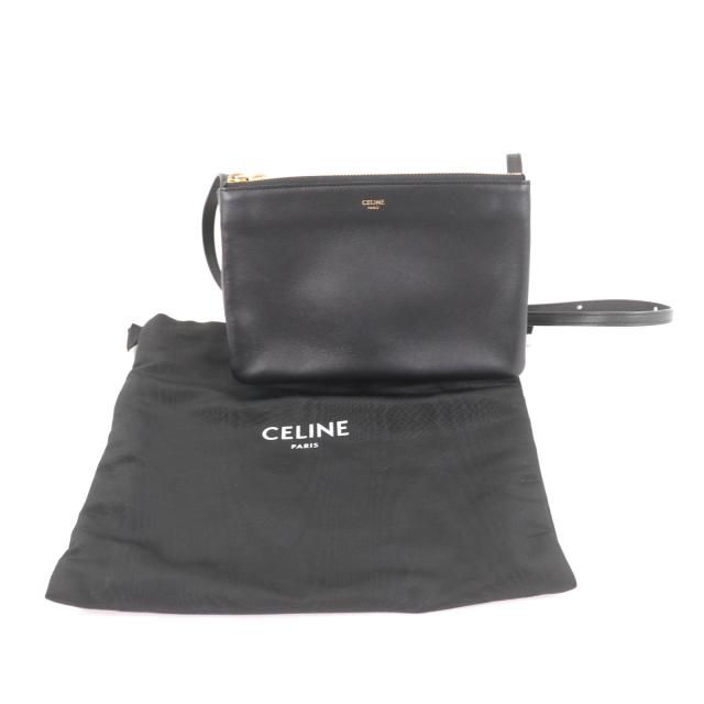 極美品★CELINE セリーヌ 19203 トリオ スモール スムースラムスキン ショルダーバッグ ブラック ゴールド金具 保存袋付き イタリア製