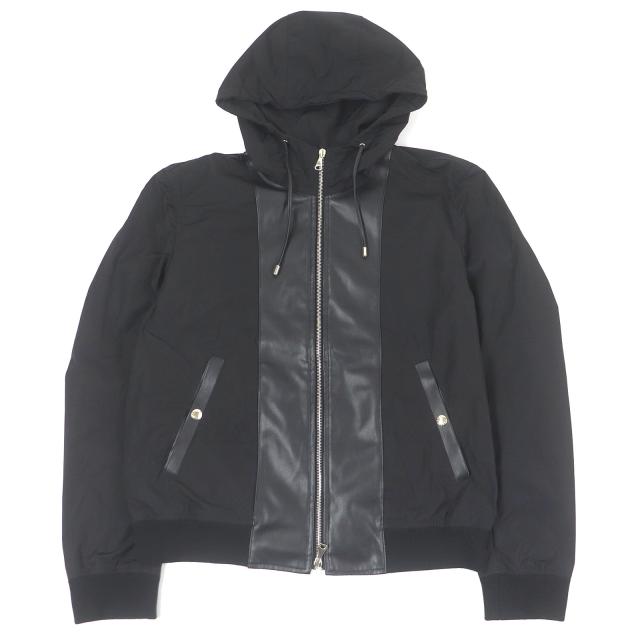 美品□EMMETI エンメティ BR別注 ウォッシャブルテック レザーコンビ ジップパーカー ブラック 50 ハンガー付 イタリア製 正規品 メンズ