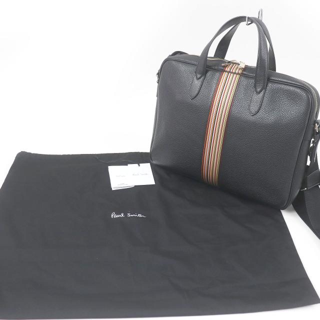 未使用品□Paul Smith ポールスミス PORTFOLIO マルチストライプ 2WAY レザー ブリーフケース ショルダーバッグ ブラック 保存袋付き_1