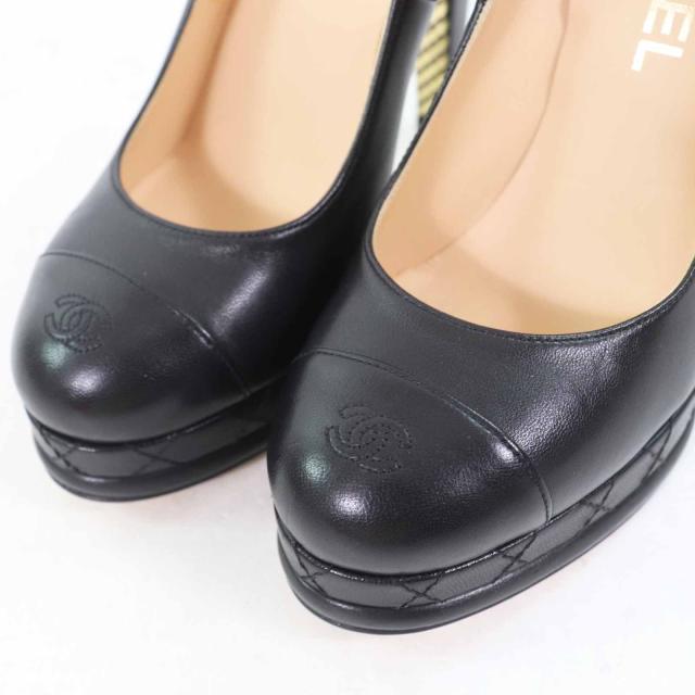 極美品◎CHANEL シャネル G28461 美脚 ココマークステッチ ラウンドトゥ レザー パンプス 12cmヒール ブラック 36 イタリア製 レディース_4