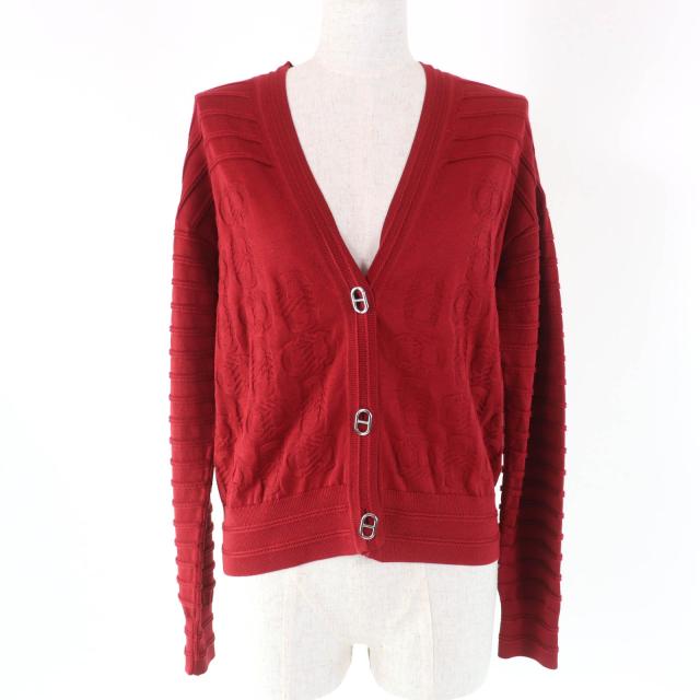 極美品★HERMES エルメス 2023年製 3E2706D3 シェーヌダンクル Vネック 長袖 シルクコットン カーディガン ボルドー 36 正規品