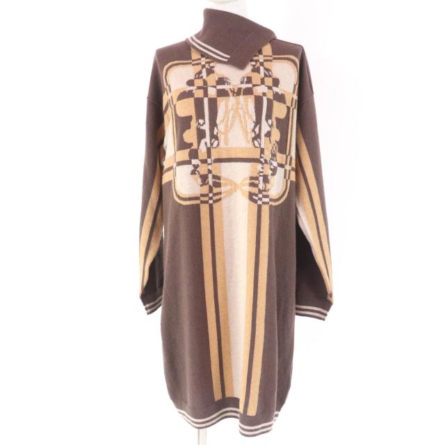 極美品☆HERMES エルメス 23AW 3H2502DD BRIDES de GALA ブリッド・ドゥ・ガラ 式典用馬勒 カシミヤ100％ ワンピース ブラウン 36 正規品
