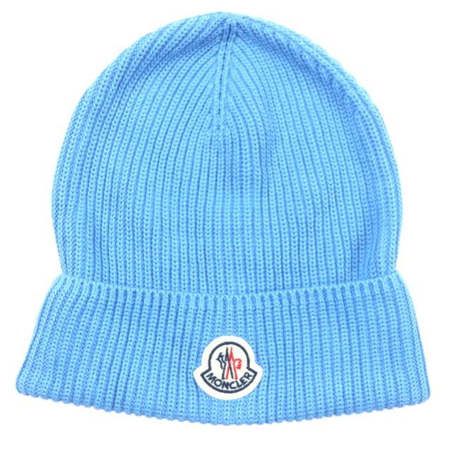 極美品▼MONCLER モンクレール 2023年製 コットン100% ロゴワッペン付き 帽子 ニットキャップ ブルー ブルガリア製 正規品 メンズ