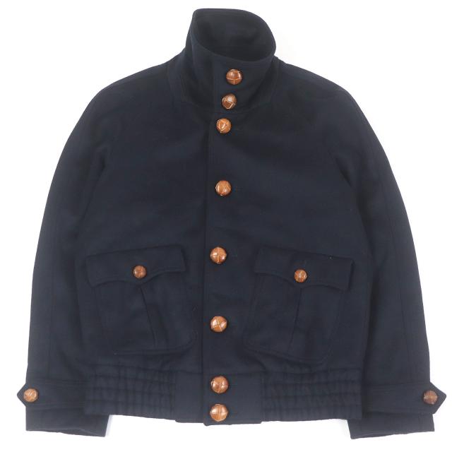 美品□BURBERRY バーバリー ウール カシミヤ くるみボタン ブルゾンジャケット ネイビー 44 イタリア製 国内正規品 メンズ オススメ◎