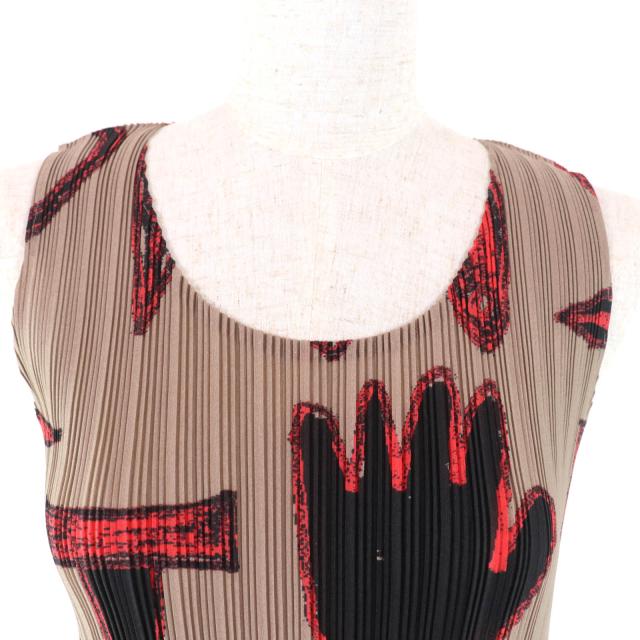 極美品★PLEATS PLEASE プリーツプリーズ イッセイミヤケ PP43-FT323 総柄 ノースリーブ プリーツ ワンピース ブラウン レッド 3 正規品