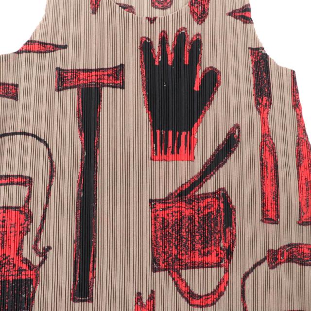 極美品★PLEATS PLEASE プリーツプリーズ イッセイミヤケ PP43-FT323 総柄 ノースリーブ プリーツ ワンピース ブラウン レッド 3 正規品