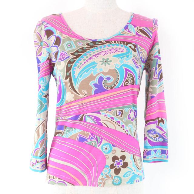 美品☆LEONARD FASHION レオナール ファッション ウール100％ ペイズリー・総柄 カットソー マルチカラー 1 日本製 正規品 レディース