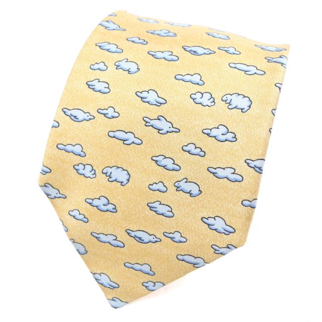 極美品▼HERMES エルメス シルク100% 雲 アニマル 総柄 ネクタイ オレンジ ブルー フランス製 メンズ ビジネスオスス◎